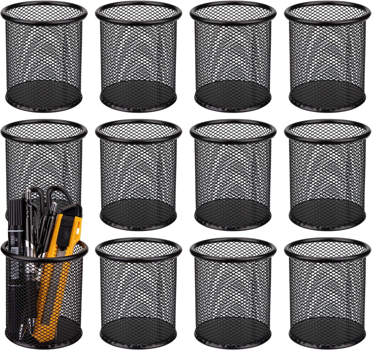 Nicunom 12 Pack Metal Pen Holder Wire Mesh Pen Cup Pencil Holder Pencil Cup for Desk Office Pen Organizer, Black