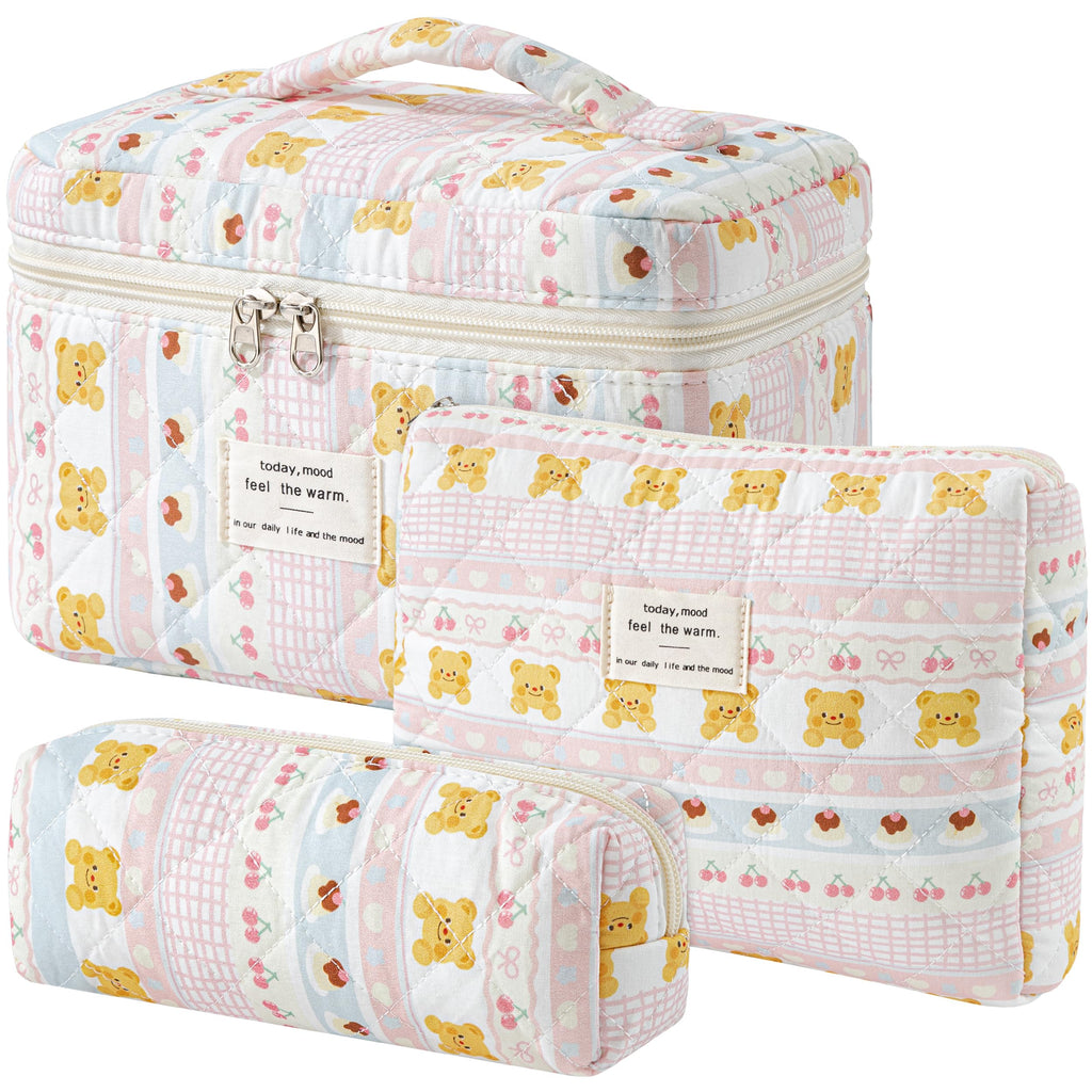 HBselect Quilted Makeup Bag, 3Pcs Cotton Large Travel Makeup Bags Organizer