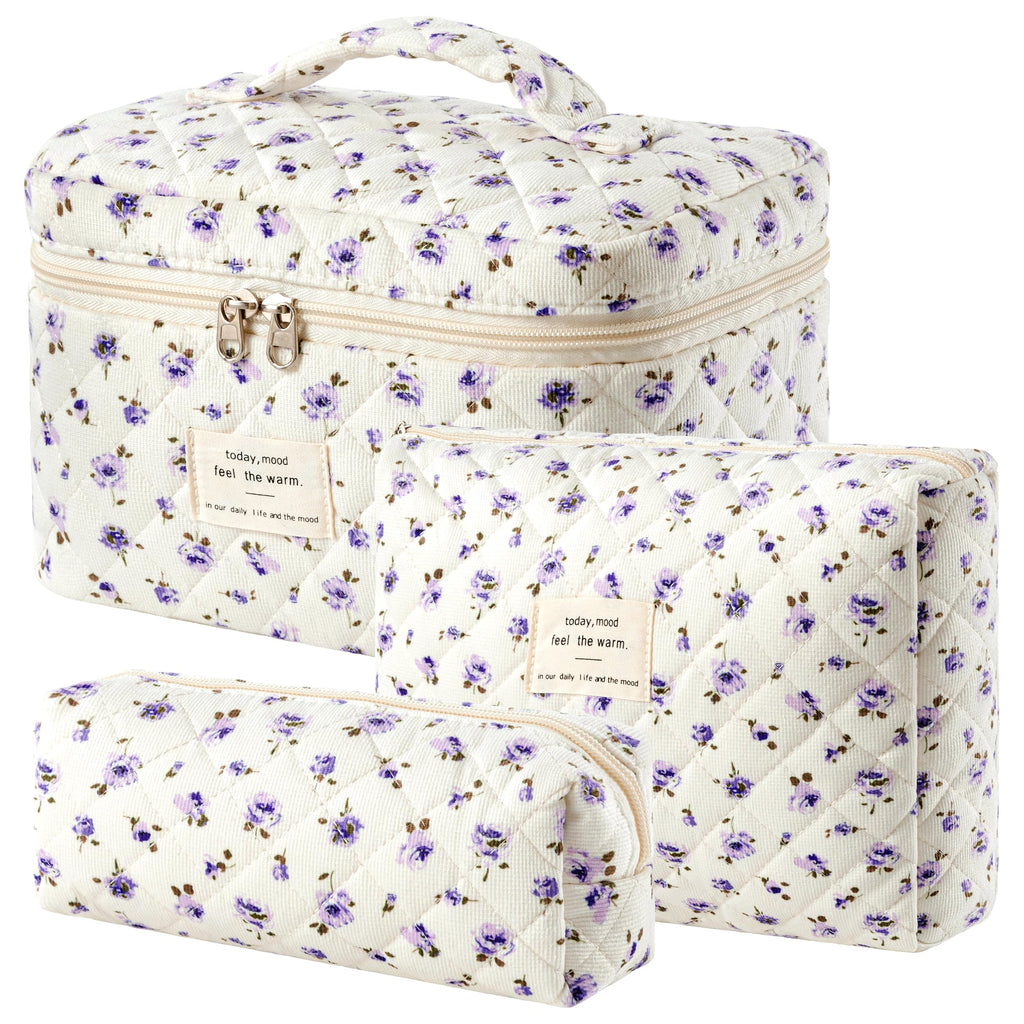 HBselect Quilted Makeup Bag, 3Pcs Cotton Large Travel Makeup Bags Organizer