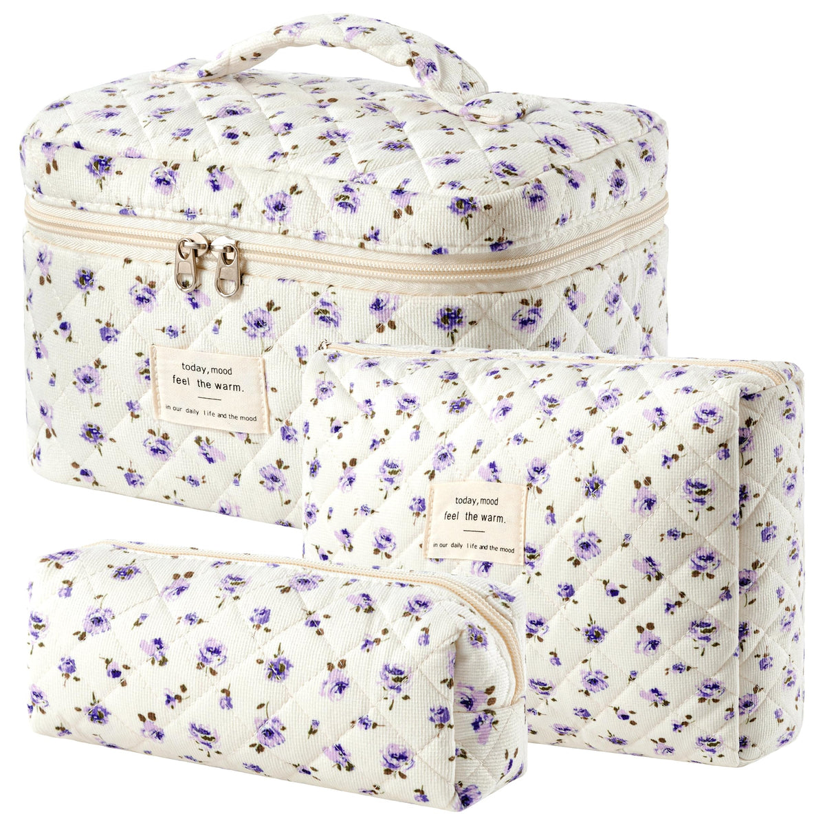 HBselect Quilted Makeup Bag, 3Pcs Cotton Large Travel Makeup Bags Organizer