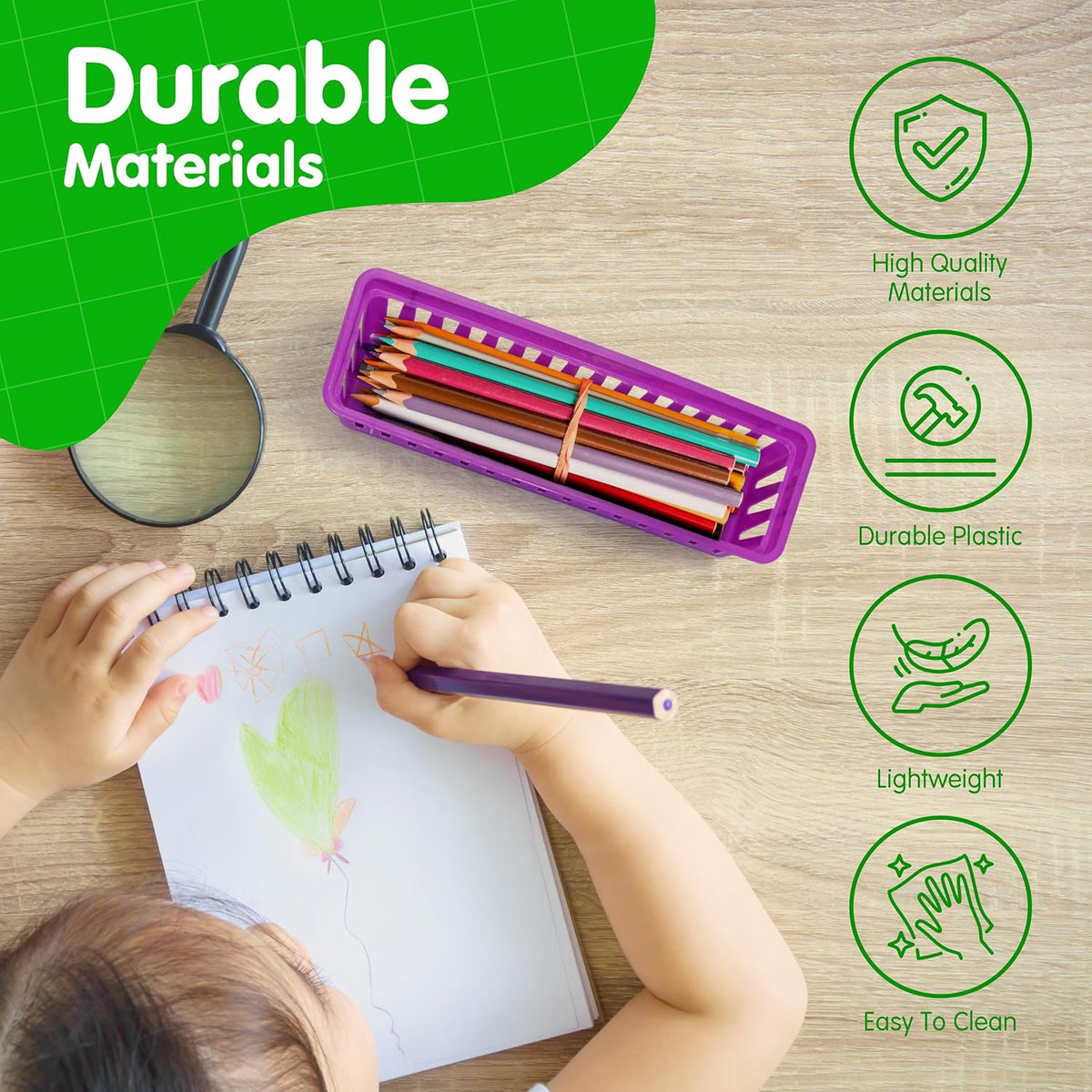 4E's Novelty 12 Pack Pencil Holder for Kids Desk, Colorful Plastic Pen Baskets Tray for Organizing Classroom Supplies, Plastic Caddy for Desk and Elementary Teacher Supplies for Classroom