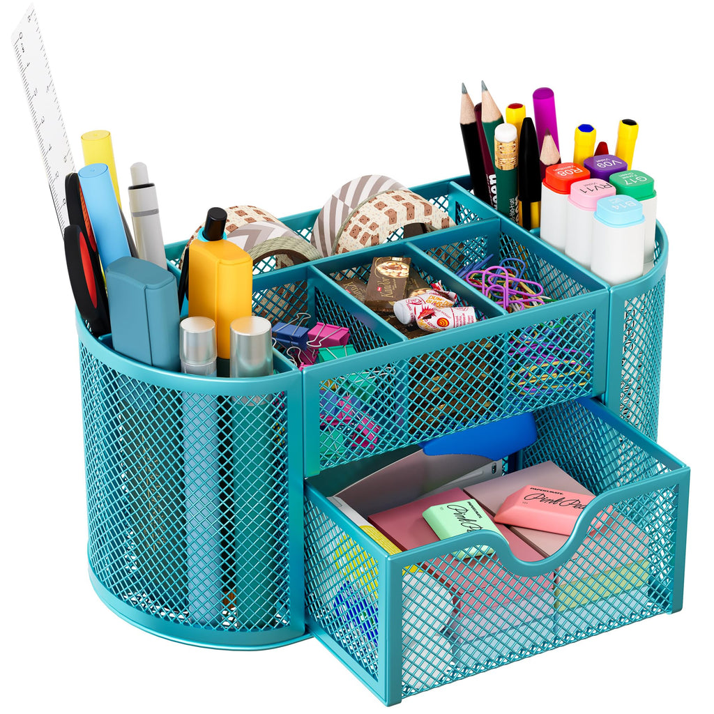 EasyPAG Mesh Pen Holder Desk Organizer with Drawer Stationery Supplies Organizer for Dorm School 9 Compartments Workspace Desk Accessories Organization for Office, Black