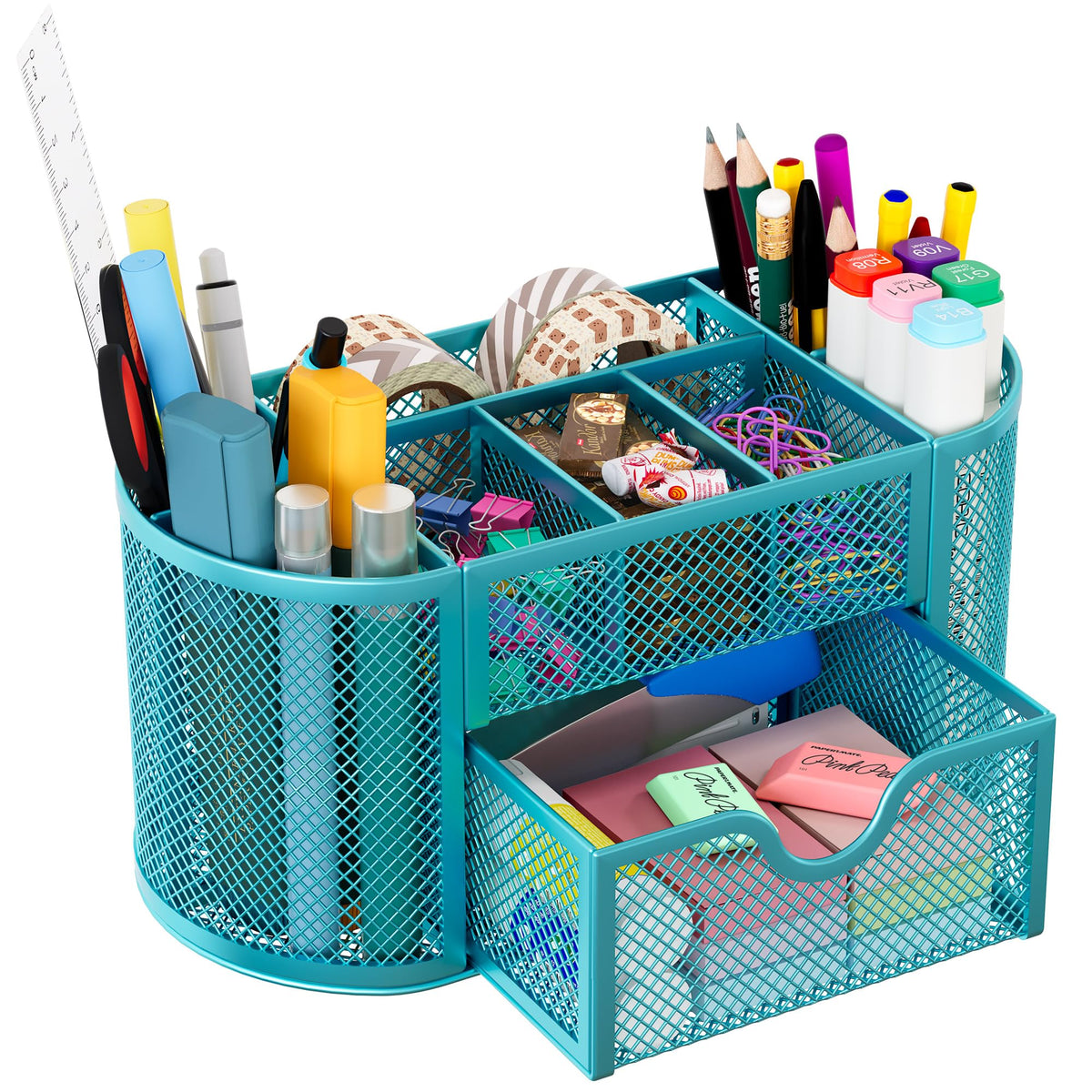 EasyPAG Mesh Pen Holder Desk Organizer with Drawer Stationery Supplies Organizer for Dorm School 9 Compartments Workspace Desk Accessories Organization for Office, Black