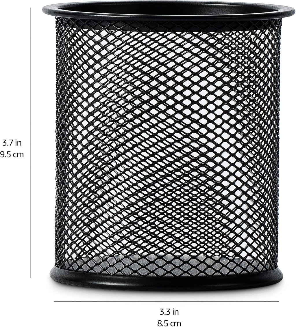 Amazon Basics Wire Mesh Pen Holder, Pencil Cup Desk Organizer for Stationery, Scissors, Office Caddy Storage, 3.7" x 3.3", Black