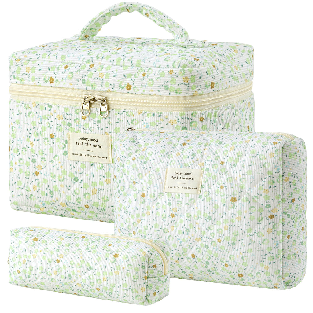HBselect Quilted Makeup Bag, 3Pcs Cotton Large Travel Makeup Bags Organizer