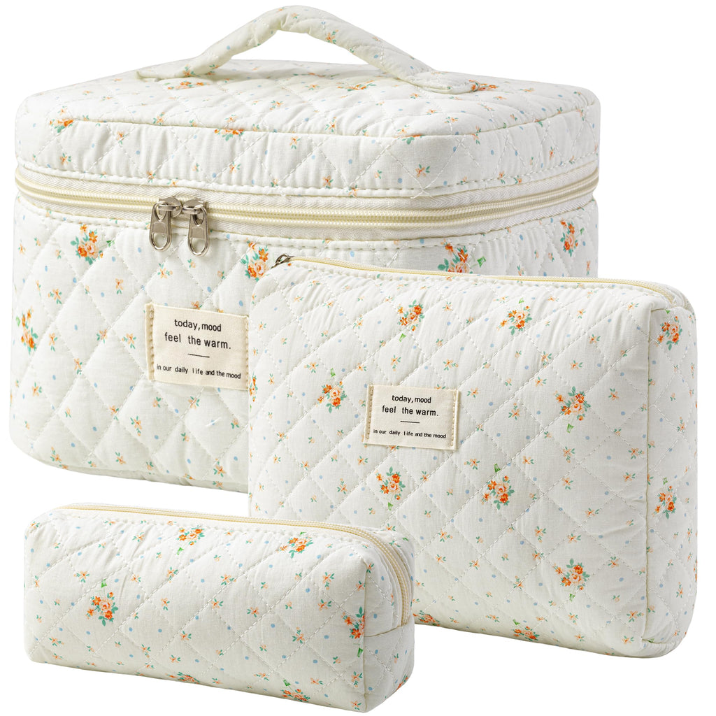 HBselect Quilted Makeup Bag, 3Pcs Cotton Large Travel Makeup Bags Organizer