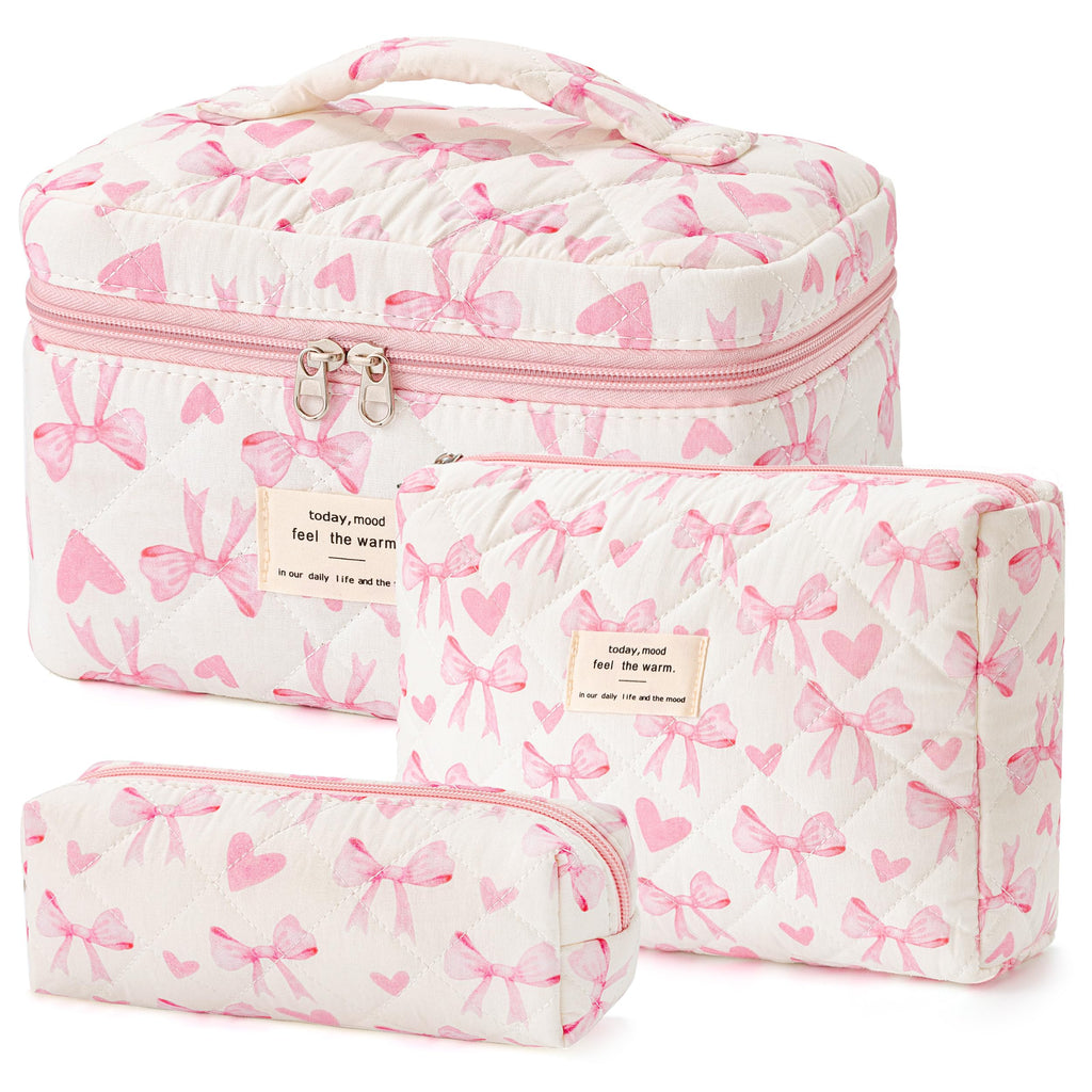 HBselect Quilted Makeup Bag, 3Pcs Cotton Large Travel Makeup Bags Organizer
