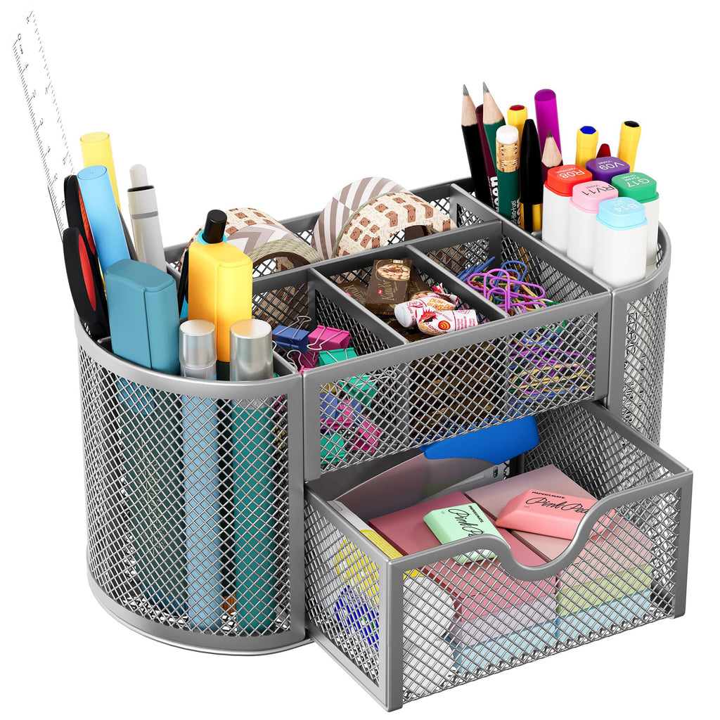 EasyPAG Mesh Pen Holder Desk Organizer with Drawer Stationery Supplies Organizer for Dorm School 9 Compartments Workspace Desk Accessories Organization for Office, Black