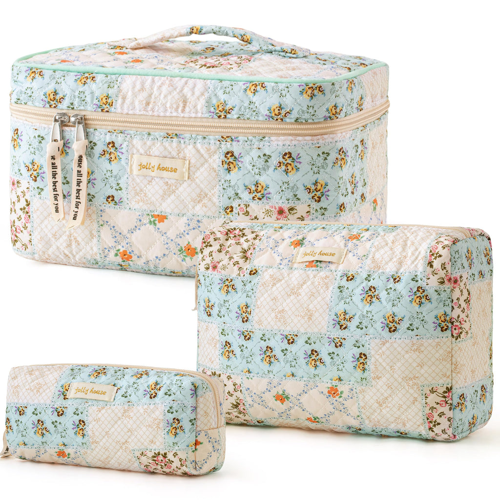 HBselect Quilted Makeup Bag, 3Pcs Cotton Large Travel Makeup Bags Organizer