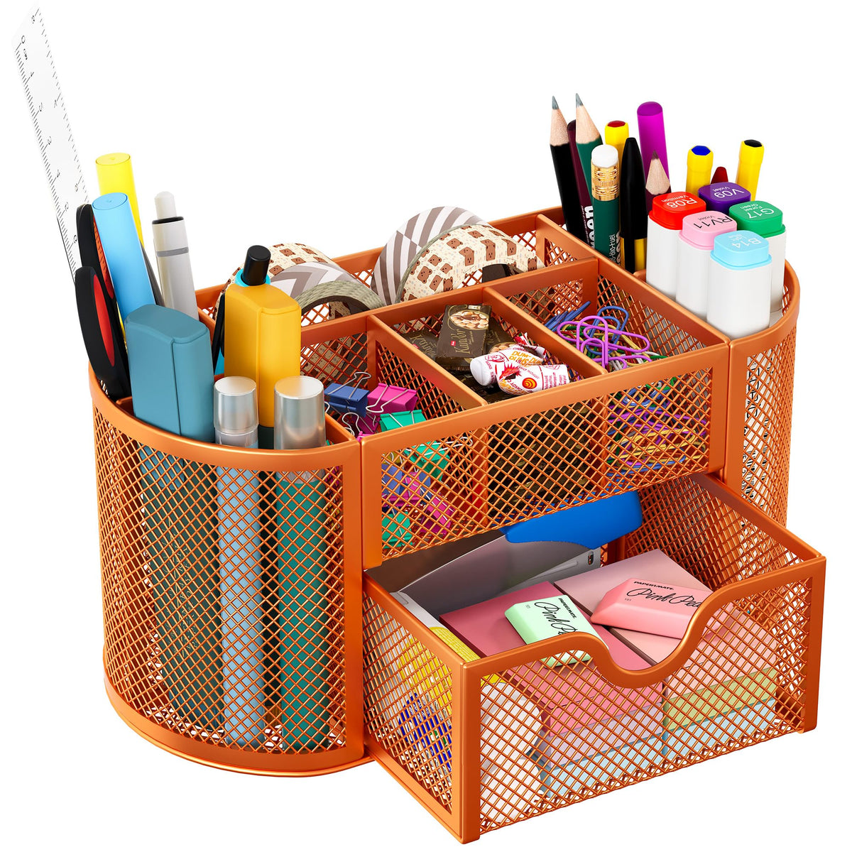 EasyPAG Mesh Pen Holder Desk Organizer with Drawer Stationery Supplies Organizer for Dorm School 9 Compartments Workspace Desk Accessories Organization for Office, Black