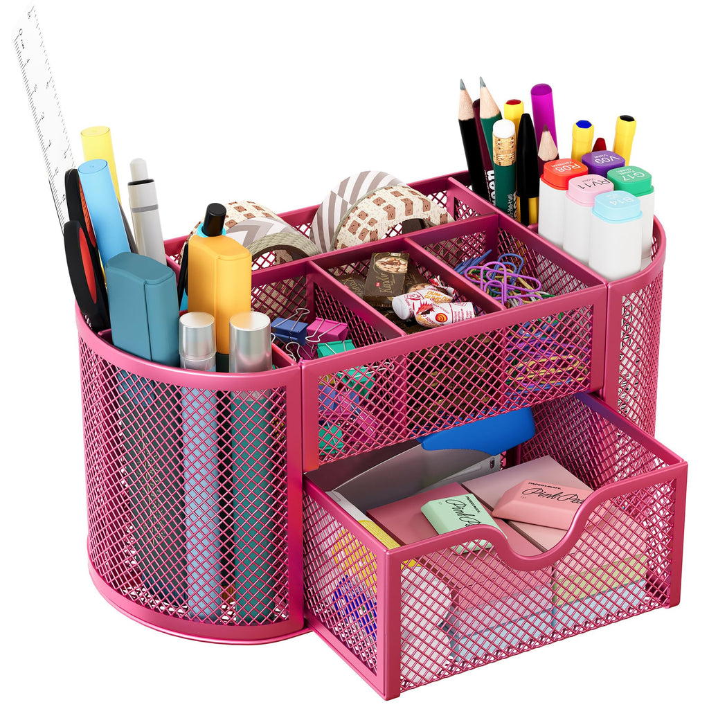 EasyPAG Mesh Pen Holder Desk Organizer with Drawer Stationery Supplies Organizer for Dorm School 9 Compartments Workspace Desk Accessories Organization for Office, Black