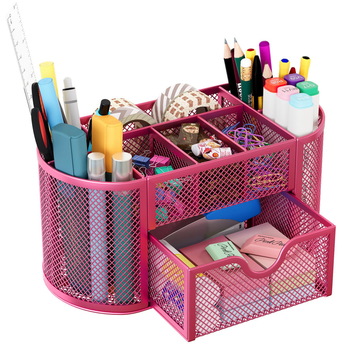 EasyPAG Mesh Pen Holder Desk Organizer with Drawer Stationery Supplies Organizer for Dorm School 9 Compartments Workspace Desk Accessories Organization for Office, Black