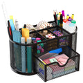 EasyPAG Mesh Pen Holder Desk Organizer with Drawer Stationery Supplies Organizer for Dorm School 9 Compartments Workspace Desk Accessories Organization for Office, Black