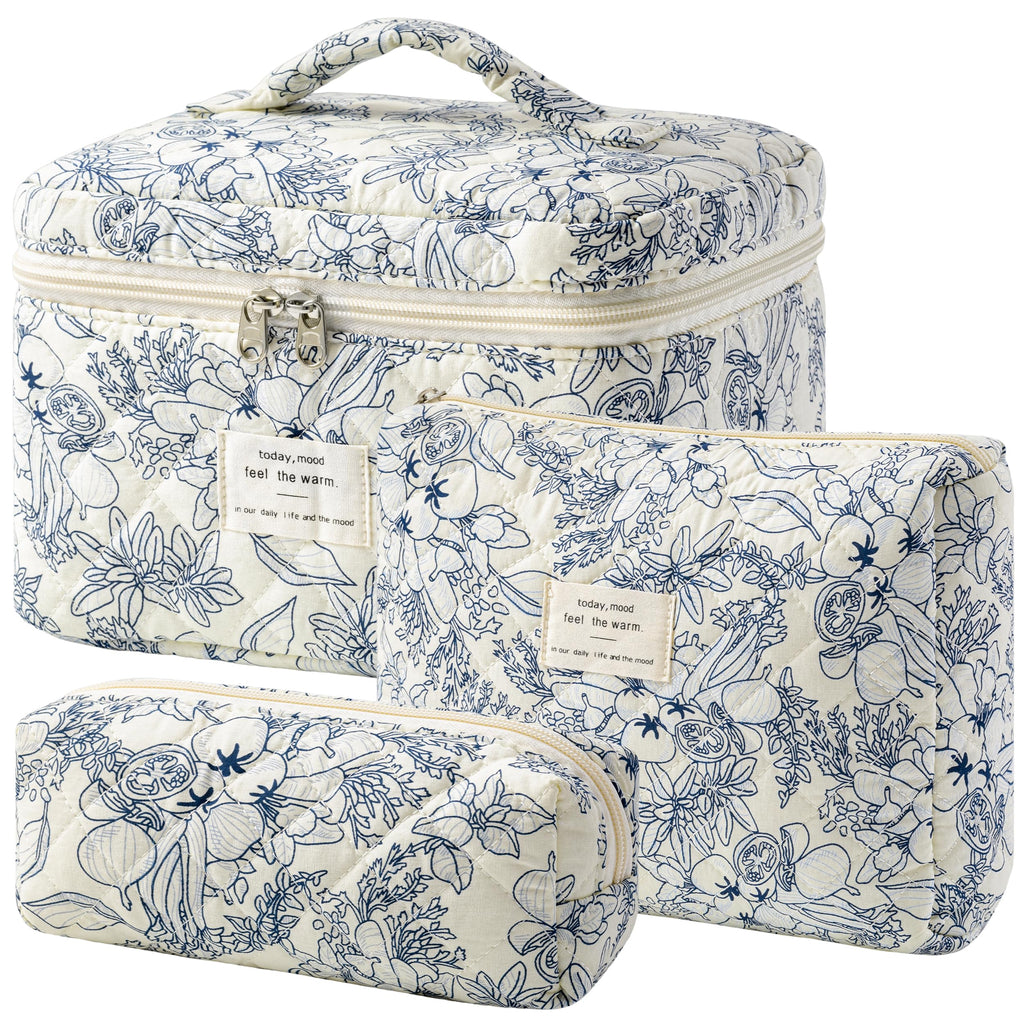 HBselect Quilted Makeup Bag, 3Pcs Cotton Large Travel Makeup Bags Organizer